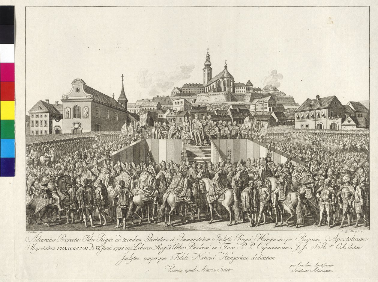 Coroação do imperador Francisco II ao rei da Hungria em Budapeste, em 6 de junho de 1792 (gravura em cobre) de Sebastian Mansfeld