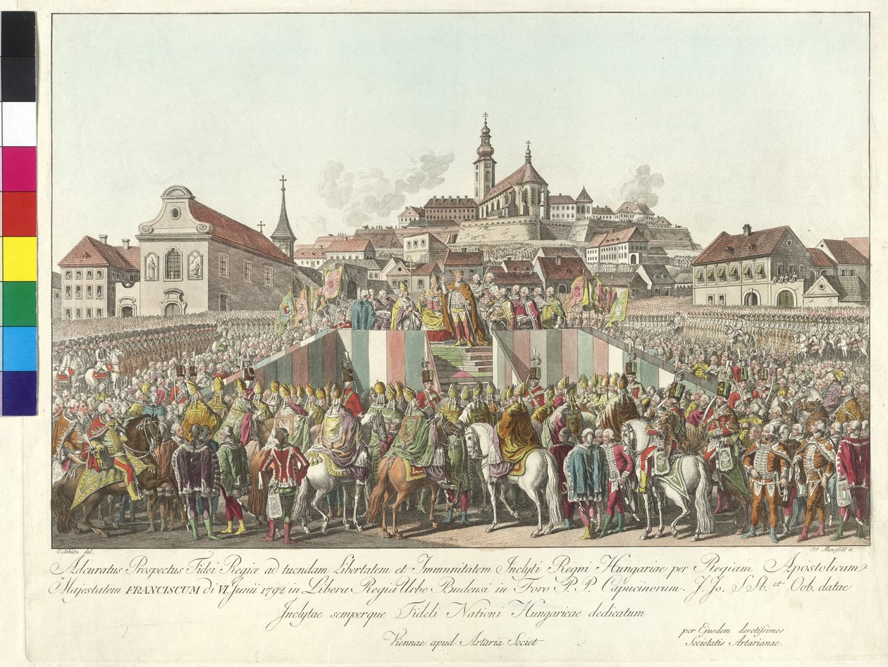 Coroação do imperador Francisco II ao rei da Hungria em Budapeste, em 6 de junho de 1792 (gravura em cobre) de Sebastian Mansfeld