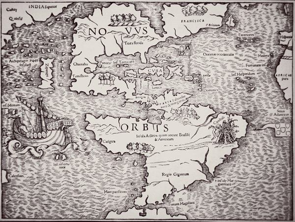Mapa da América mostrando os oceanos Atlântico e Pacífico de Sebastian Munster