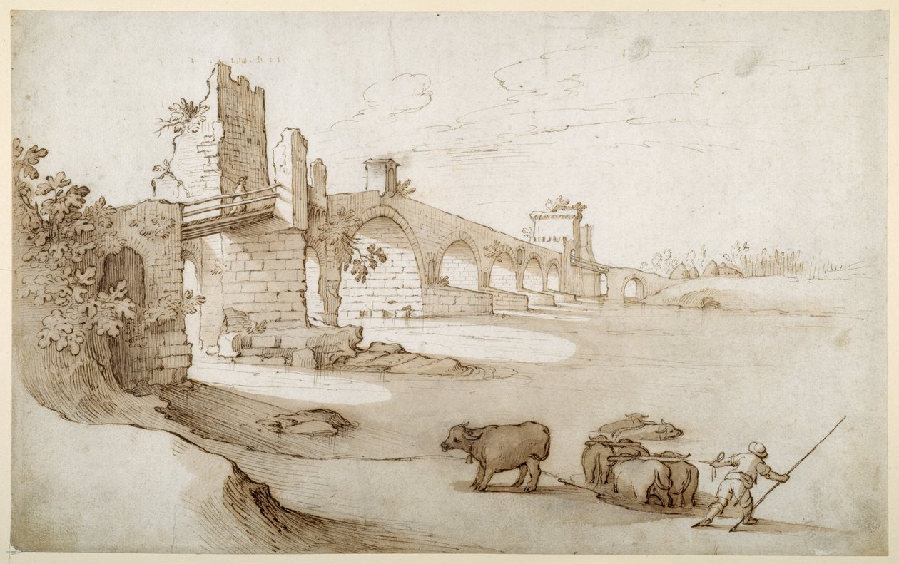 Um boiadeiro que convida uma equipa de novilhos a nadar o Tibre na Ponte Milvio Crossing (caneta e tinta castanha com lavagem castanha no papel) de Sebastian Vrancx