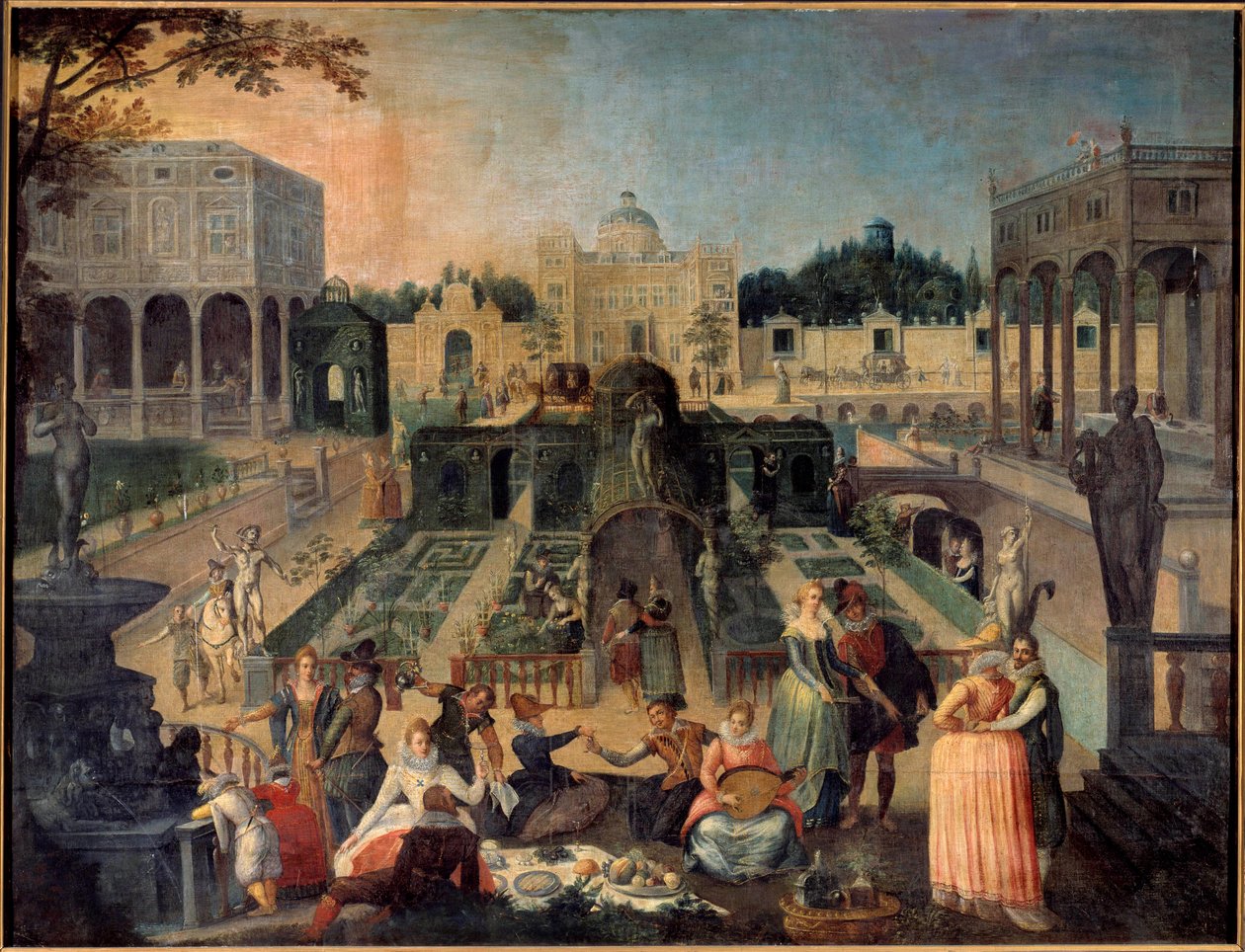 Uma festa no parque do Piquenique do Duque de Mântua, música, cenas galantes nos jardins do palácio do Duque de Gonzaga (Gonzaga). Pintura de Sebastien Vrancx (1573-1647) Sol do século XVII. 1,42 x 1,88 m Rouen musee des Beaux Arts de Sebastian Vrancx
