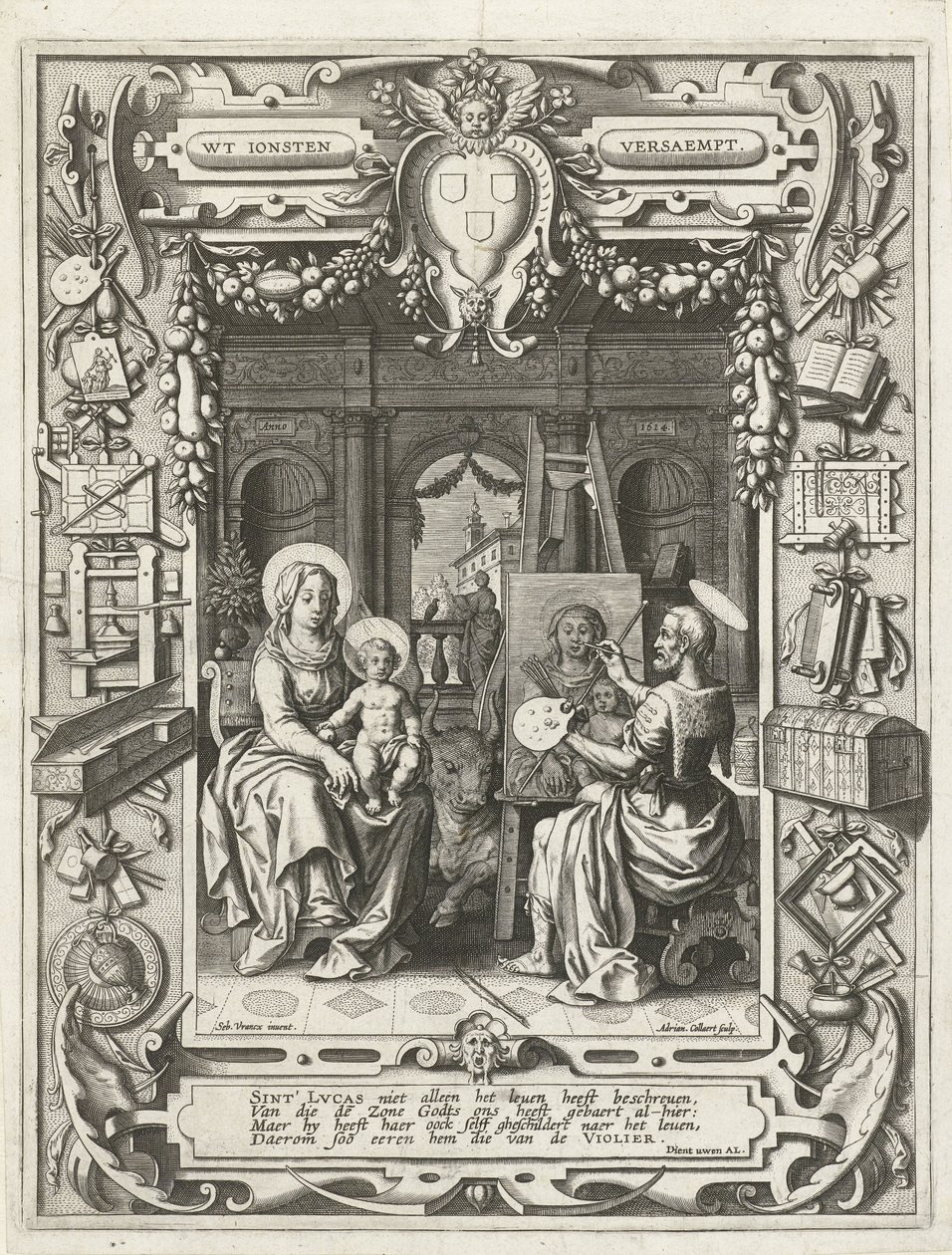 Brasão de armas da Guilda de São Lucas com pintura de São Lucas Madonna and Child, 1620-21 de Sebastian Vrancx
