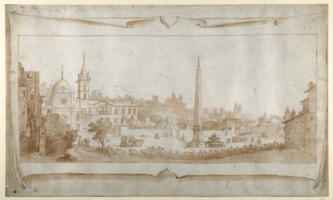 Desenho para um frontispício com vista para Roma dentro da Porta del Popolo e vista para o Pincio (caneta e tinta com lavagem sobre papel) de Sebastian Vrancx