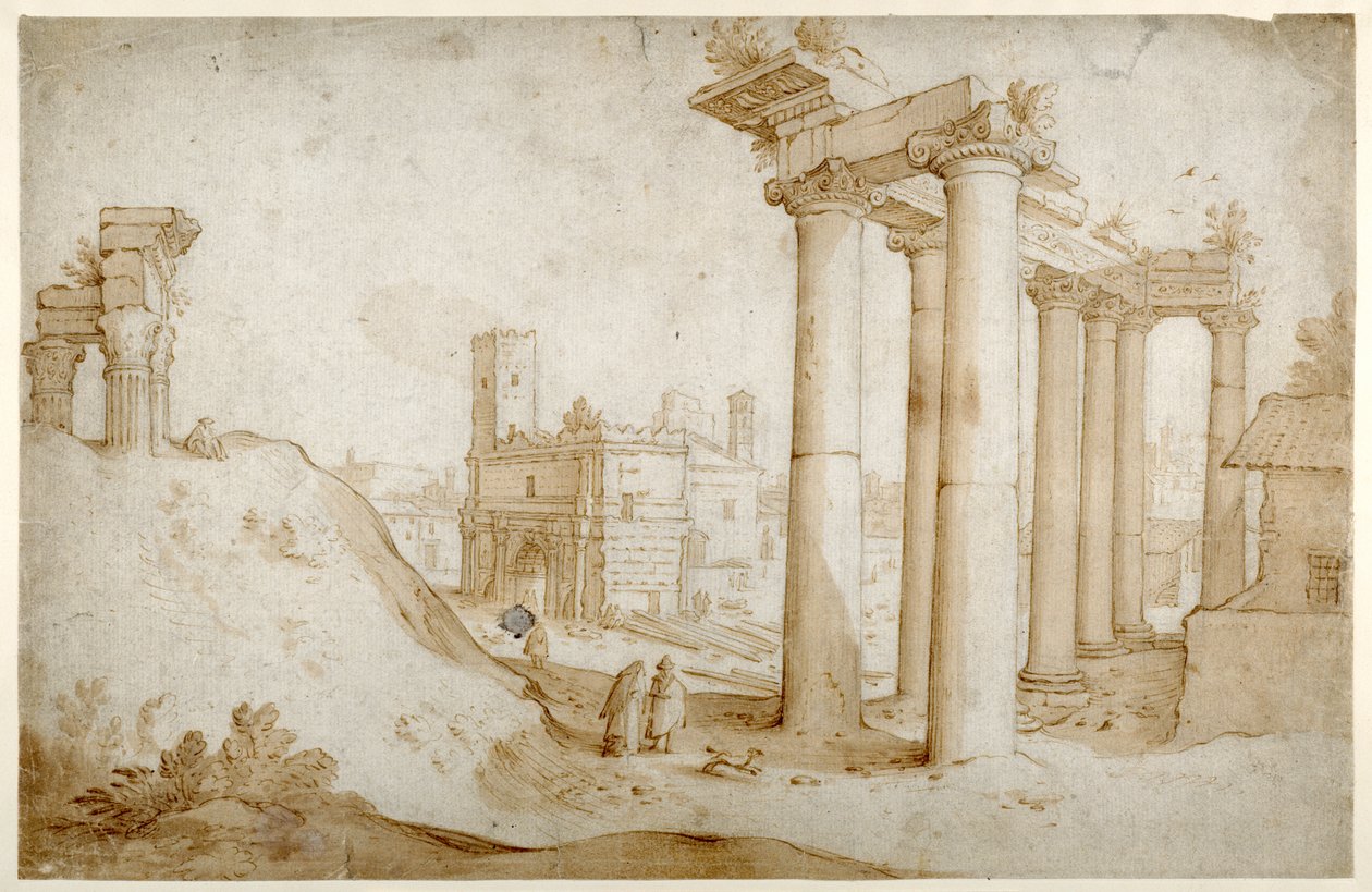 O Forum Romanum com o Templo de Tito e Vespasiano, o Templo de Saturno e o Arco de Septímio Severo (Caneta e tinta marrom com lavagem marrom, sobre papel) de Sebastian Vrancx