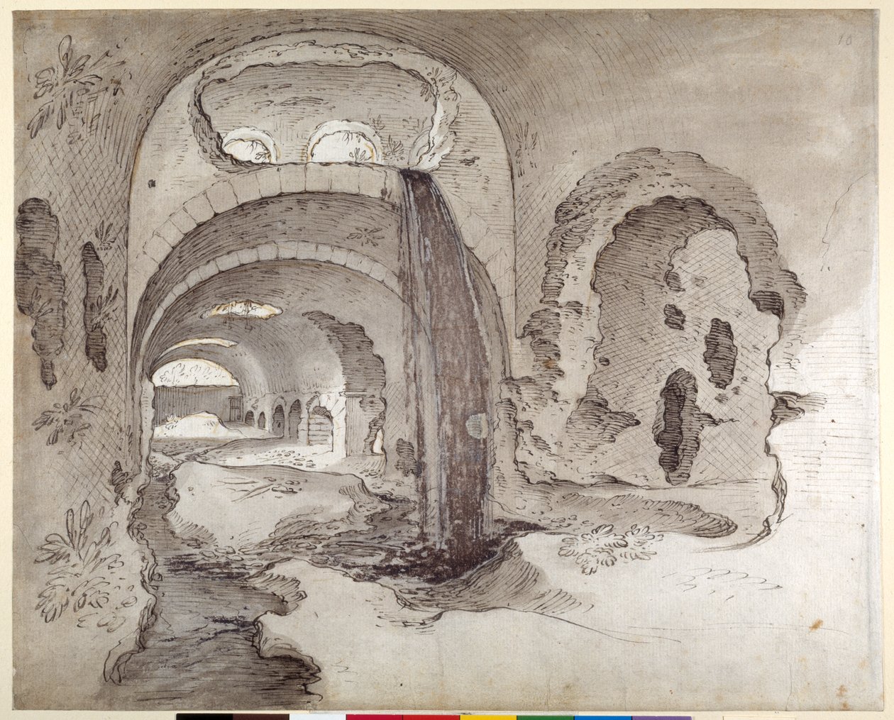 Tivoli, Cryptoporticus sob o Templo de Hércules Victor (caneta e tinta com lavagem em papel) de Sebastian Vrancx