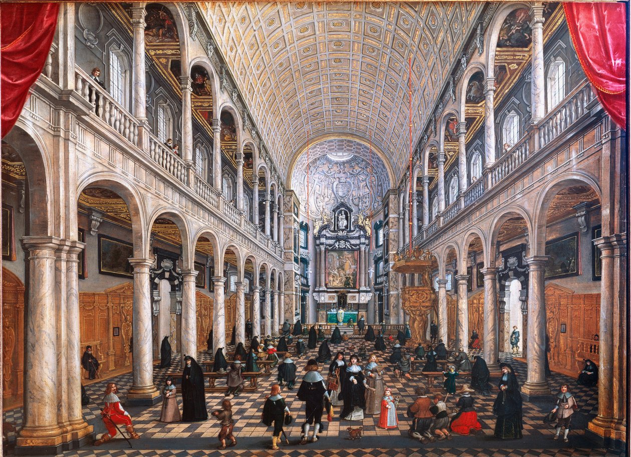 Vista do interior da Igreja dos Jesuítas em Antuérpia (óleo sobre madeira de Sebastian Vrancx