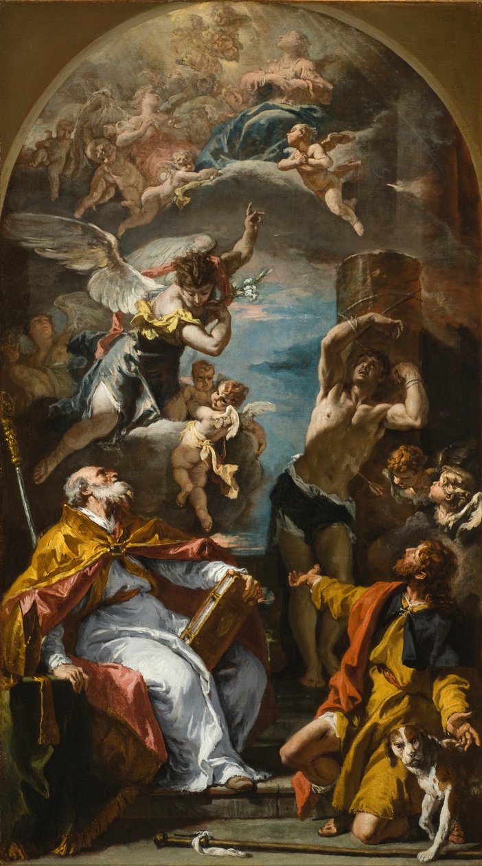 Uma Glória da Virgem com o Arcanjo Gabriel e os Santos Eusébio, Roch e Sebastián de Sebastiano Ricci