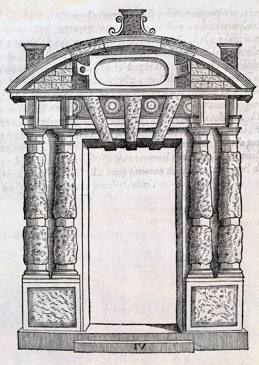 Porta decorativa com colunas e placa em forma de banho, de &39;Libro Estraordinario&39;, 1565 de Sebastiano Serlio