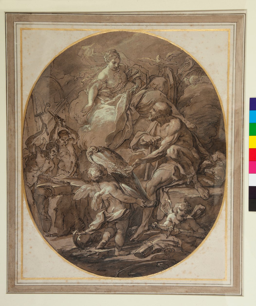 Vénus at the Forge of Vulcan (caneta e tinta castanha e lavagem castanha) de Sebastiano Conca