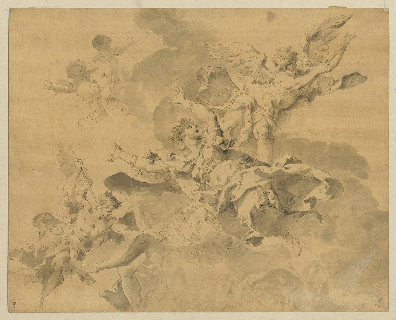 Uma rainha condenada ao inferno por anjos vingadores, c.1676-1746 (caneta, tinta e aguada sobre papel) de Sebastiano Galeotti