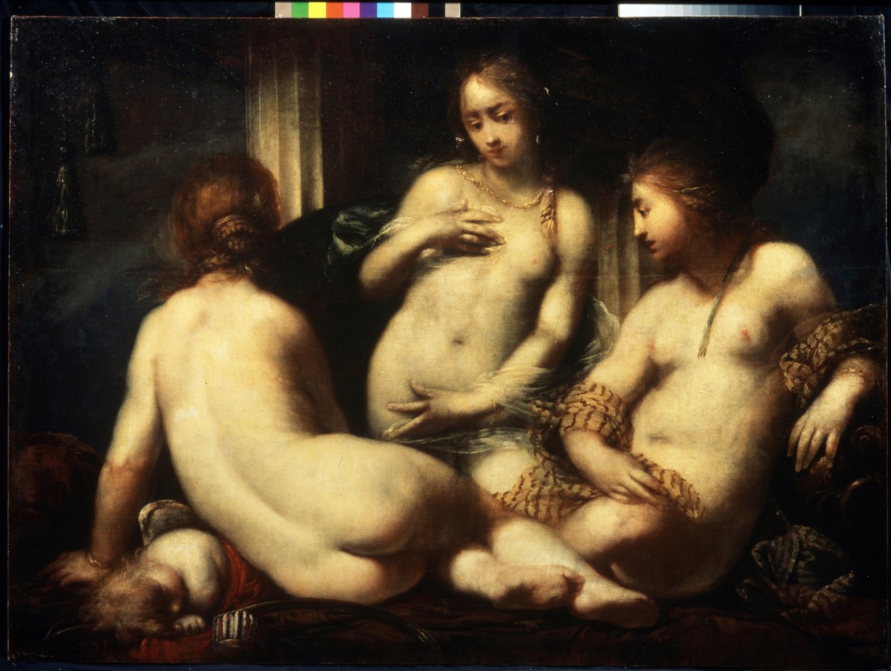 As três Graças. (As Três Graças). Pintura de Sebastiano Mazzoni (1611-1678), cerca de 1650. Arte barroca florentina. Óleo sobre tela. Museu Pushkin de Belas Artes, Moscou de Sebastiano Mazzoni