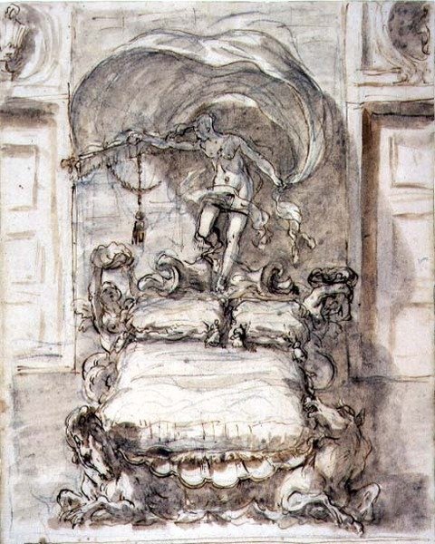 Cama com Cavalos Marinhos e Fortuna (tinta castanha e lavar com giz) de Sebastiano Ricci
