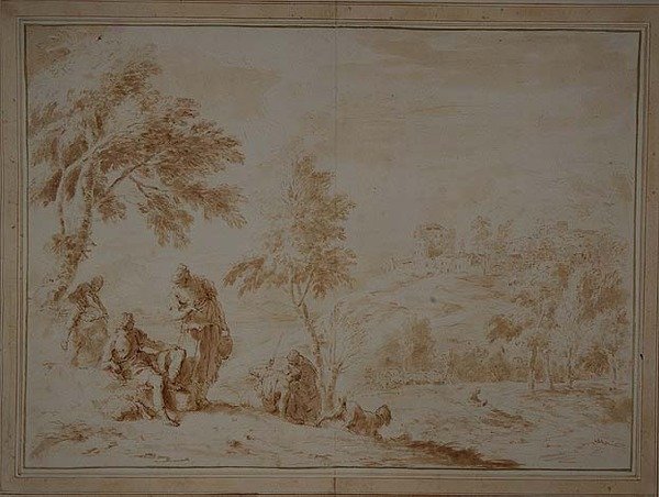 Paisagem Pastoral Extensiva com Hill-town, c.1720 (tinta castanha e lavagem) de Sebastiano Ricci