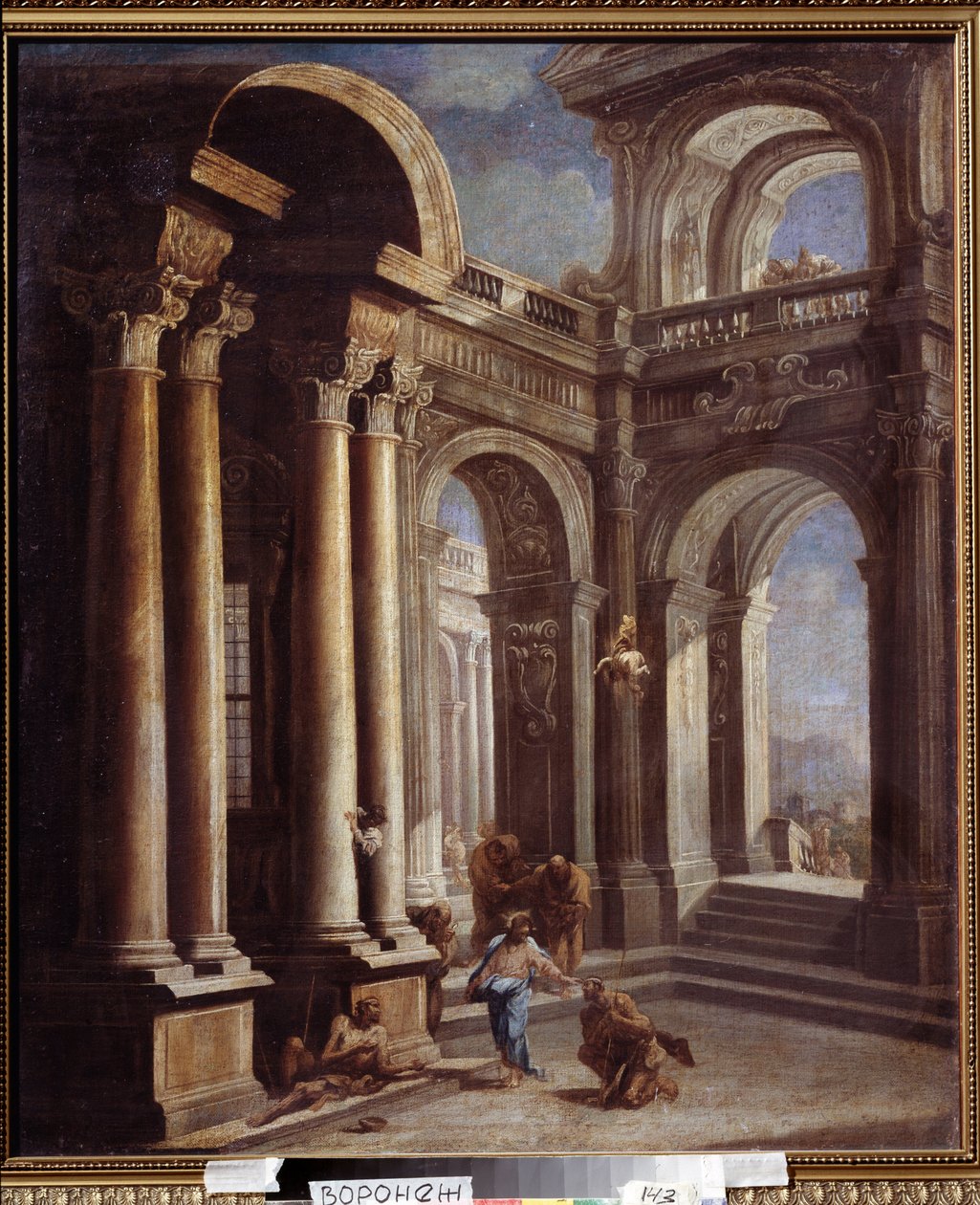 A Cura de Cegos Bartimee de Jericó. A Cura do Homem Cego de Jericó. Pintura de Sebastiano Ricci (1659-1734). Óleo sobre tela. Arte barroca italiana. Museu de Belas Artes Ivan Kramskoy (ou Kramskoi) em Voronezh, Rússia. de Sebastiano Ricci