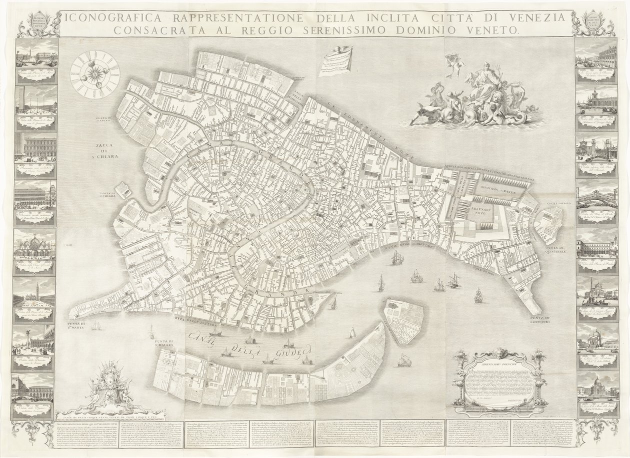 Iconografica Rappresentatione della Inclita Città di Venezia (Representação Iconográfica da Ilustre Cidade de Veneza) de Sebastiano Ricci, Lodovico Ughi, Giovanni Antonio Faldoni for the map, with Francesco Zucchi