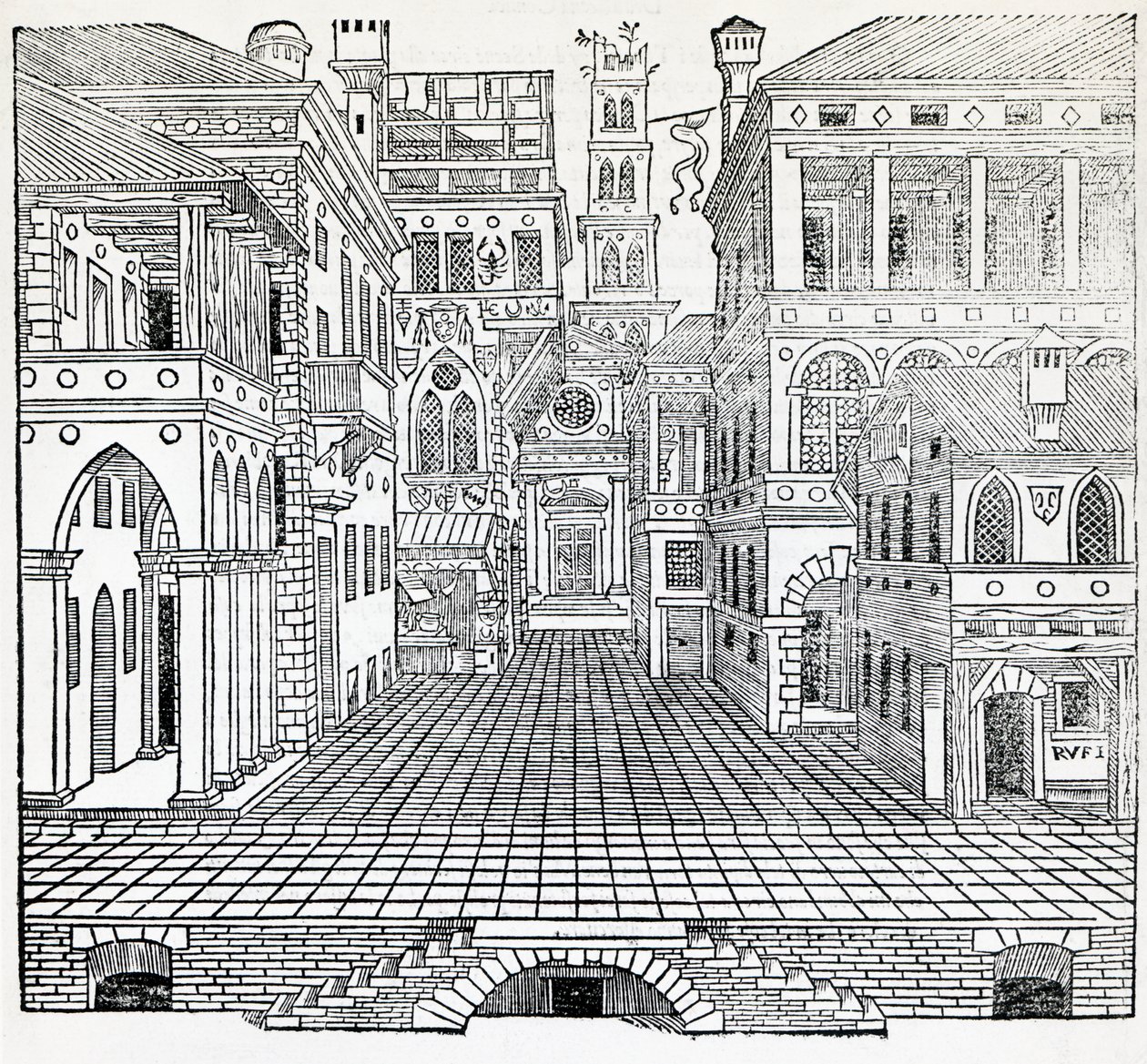 Cena mágica, desenho de cena teatral de Sebastiano Serlio (1475-1554), ilustração do Tratado de Arquitetura, Livro II de Sebastiano Serlio