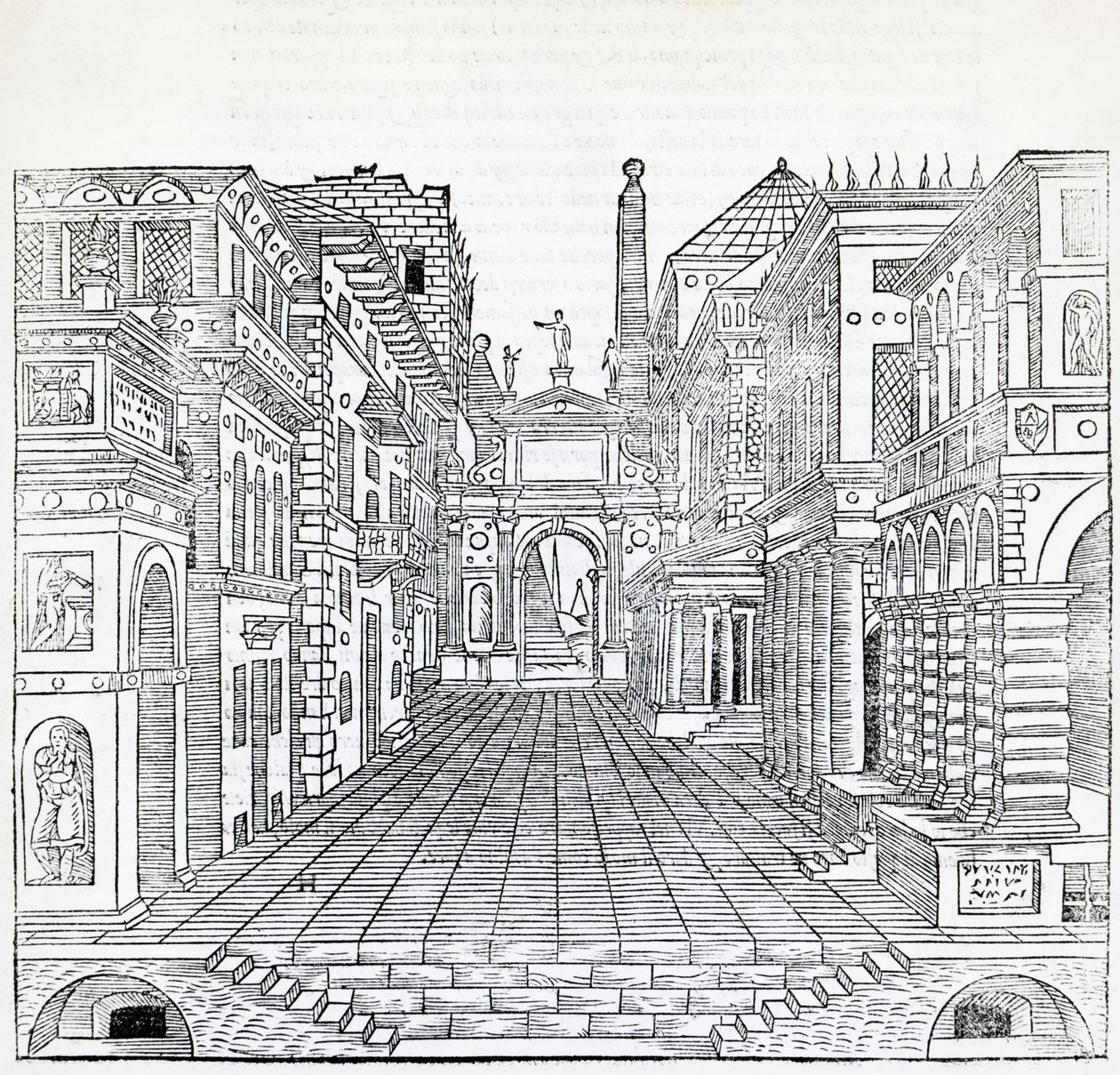 Cena mágica, desenho de cena teatral de Sebastiano Serlio (1475-1554), ilustração do Tratado de Arquitetura, Livro II de Sebastiano Serlio