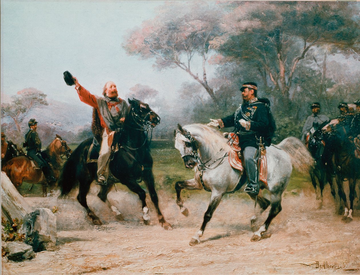 Giuseppe Garibaldi (1807-1882) encontra Vittorio Emanuele II (Victor Emmanuel) (Victor-Emmanuel) de Savoy a Teano a 26/10/1860 Pintura de Sebastiano De Albertis (1828-1897) Milão do século XIX, Museo del Risorgimento de Sebastiano de Albertis