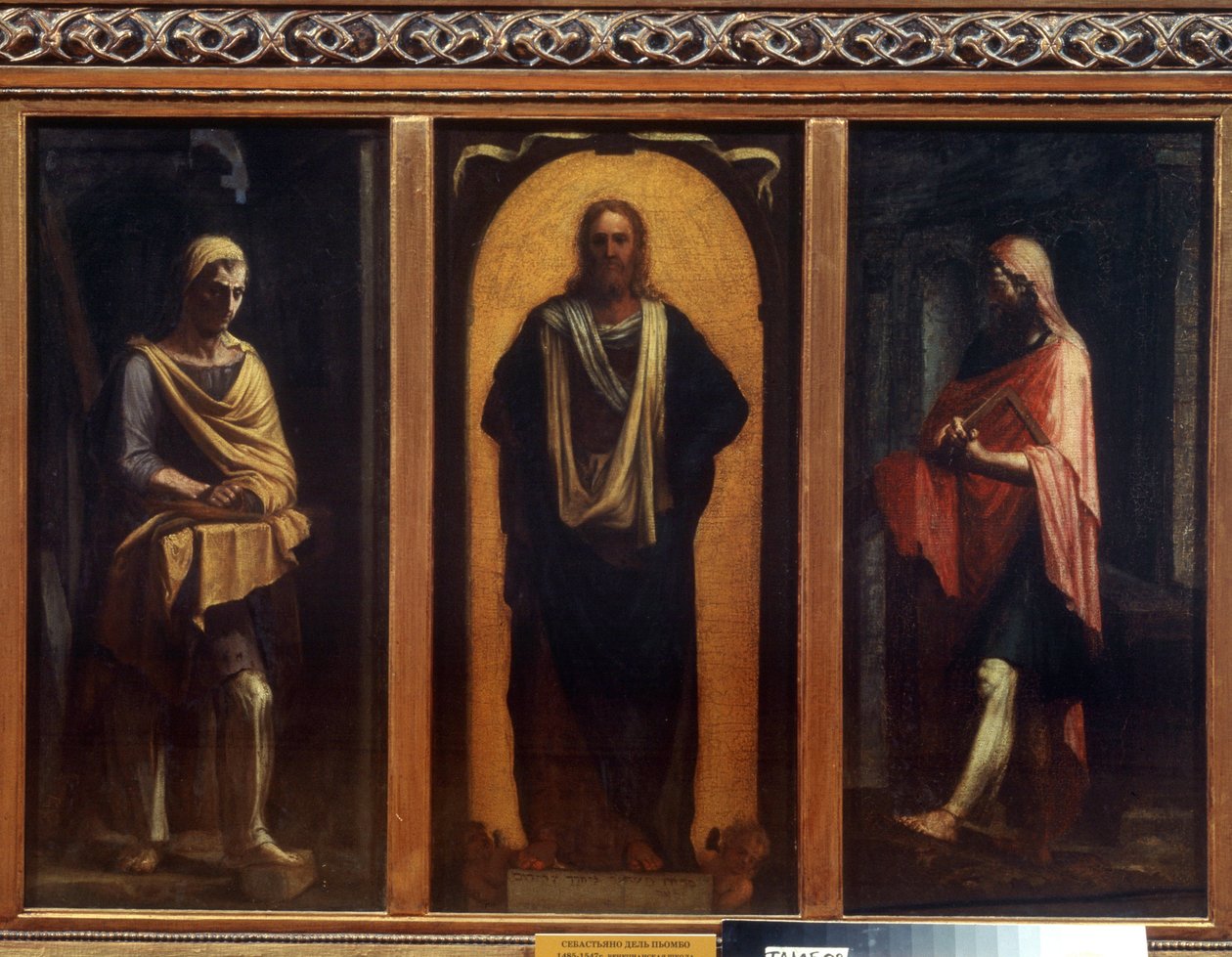 Cristo com dois Santos. Pintura de Sebastiano del Piombo (1485-1547). Óleo sobre tela. Arte veneziana, renascimento. Galeria de Arte Regional, Tambov de Sebastiano del (c.1485 1547) Piombo
