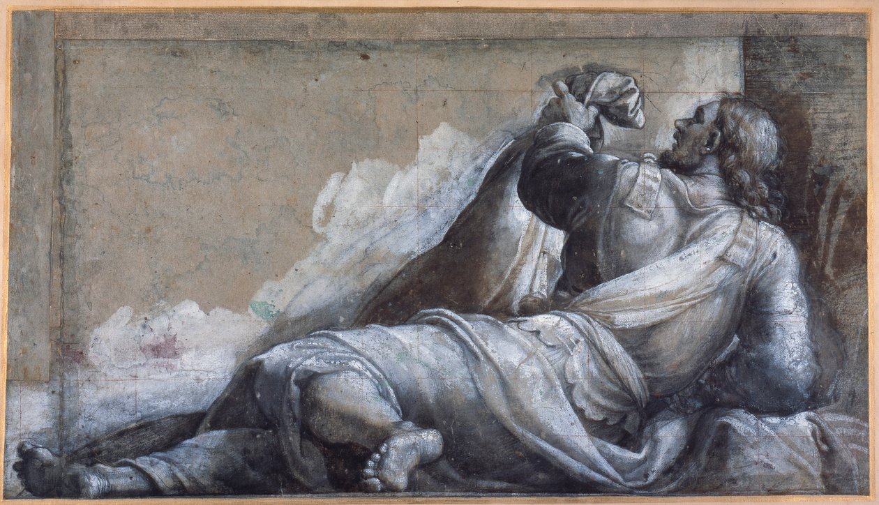 Um apóstolo reclinável (giz preto com lavagem castanha na carta azzurra) de Sebastiano del (c.1485 1547) Piombo