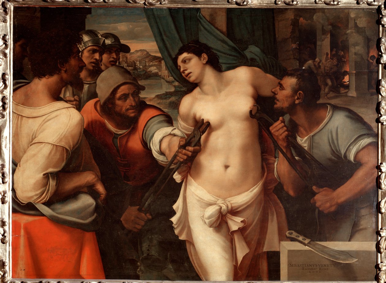 O martírio de Santa Agatha da Sicília - óleo sobre madeira de Sebastiano del (c.1485 1547) Piombo
