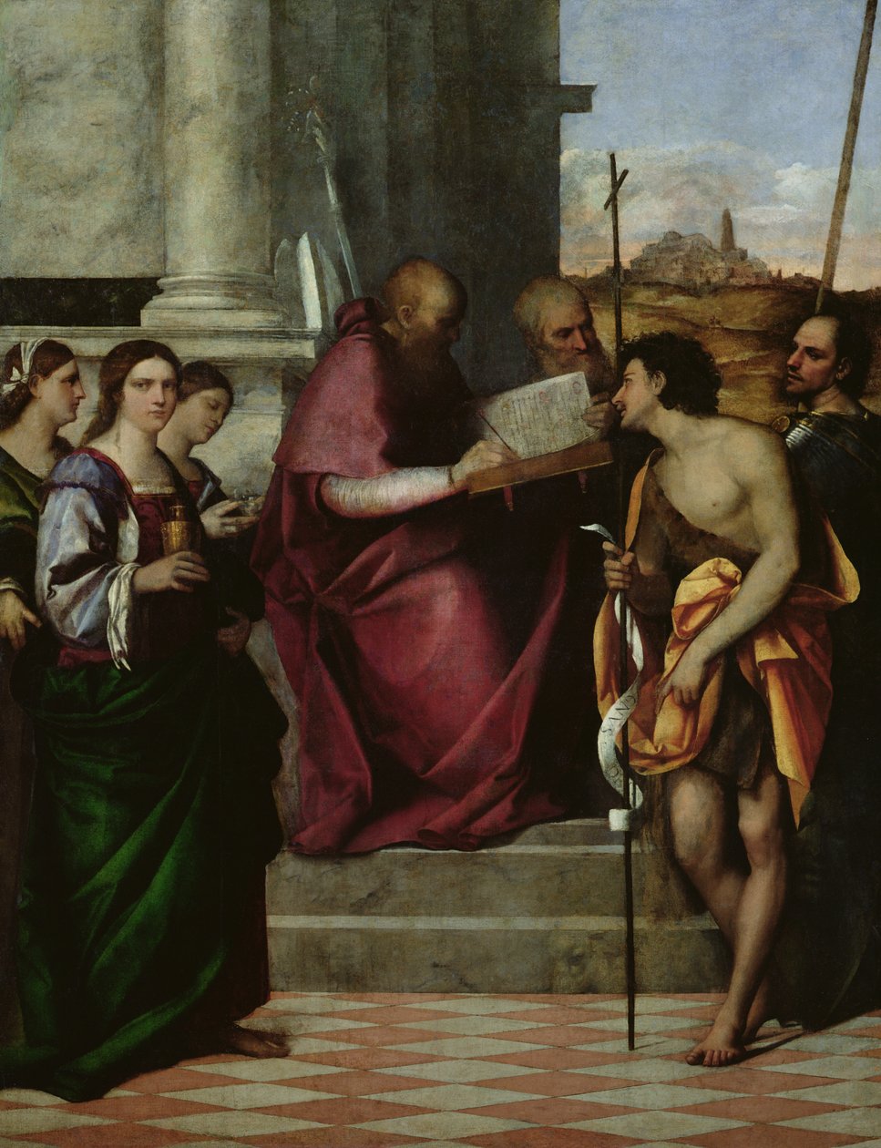 São João Crisóstomo com SS. Paulo, Liberalis, João Batista, Cecília, Catarina e Maria Madalena, 1509 (ver também 156221) de Sebastiano del Piombo