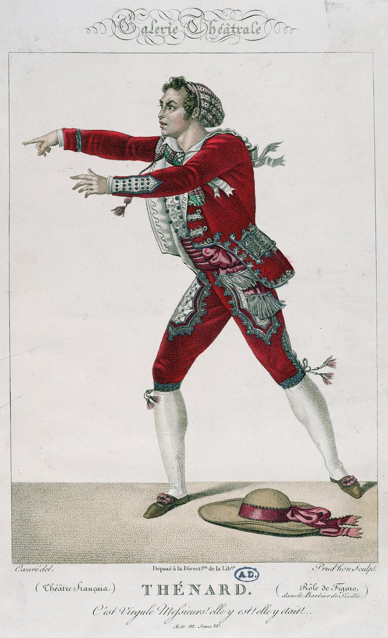 O Ator Thenard no Papel de Figaro em &39;O Barbeiro de Sevilha&39; por Pierre Augustin Caron de Beaumarchais (1732-99) de Sebastien Coeure