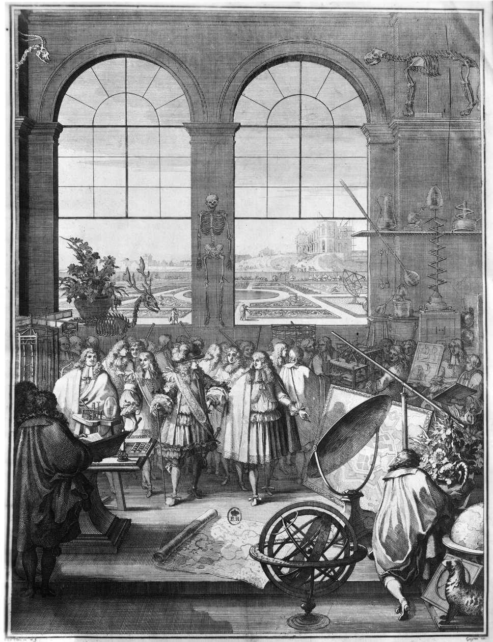 Luís XIV (1638-1715) e seu séquito visitam a Academia Real de Ciências, após 1665 de Sebastien I Le Clerc
