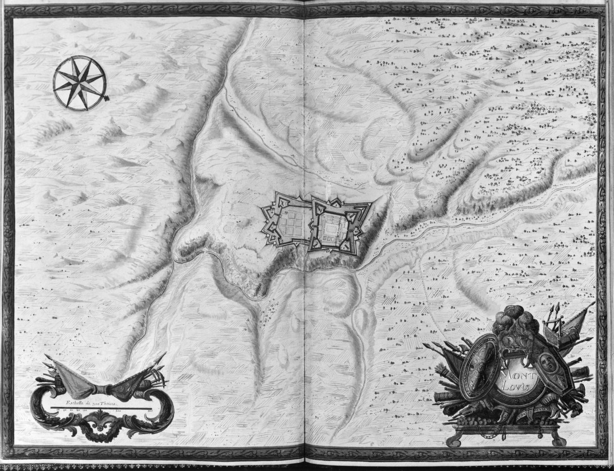 Ms. 986 Atlas 1081 Plano e mapa da cidade, cidadela e arredores de Mont-Louis, 1665 de Sebastien Le Prestre de Vauban