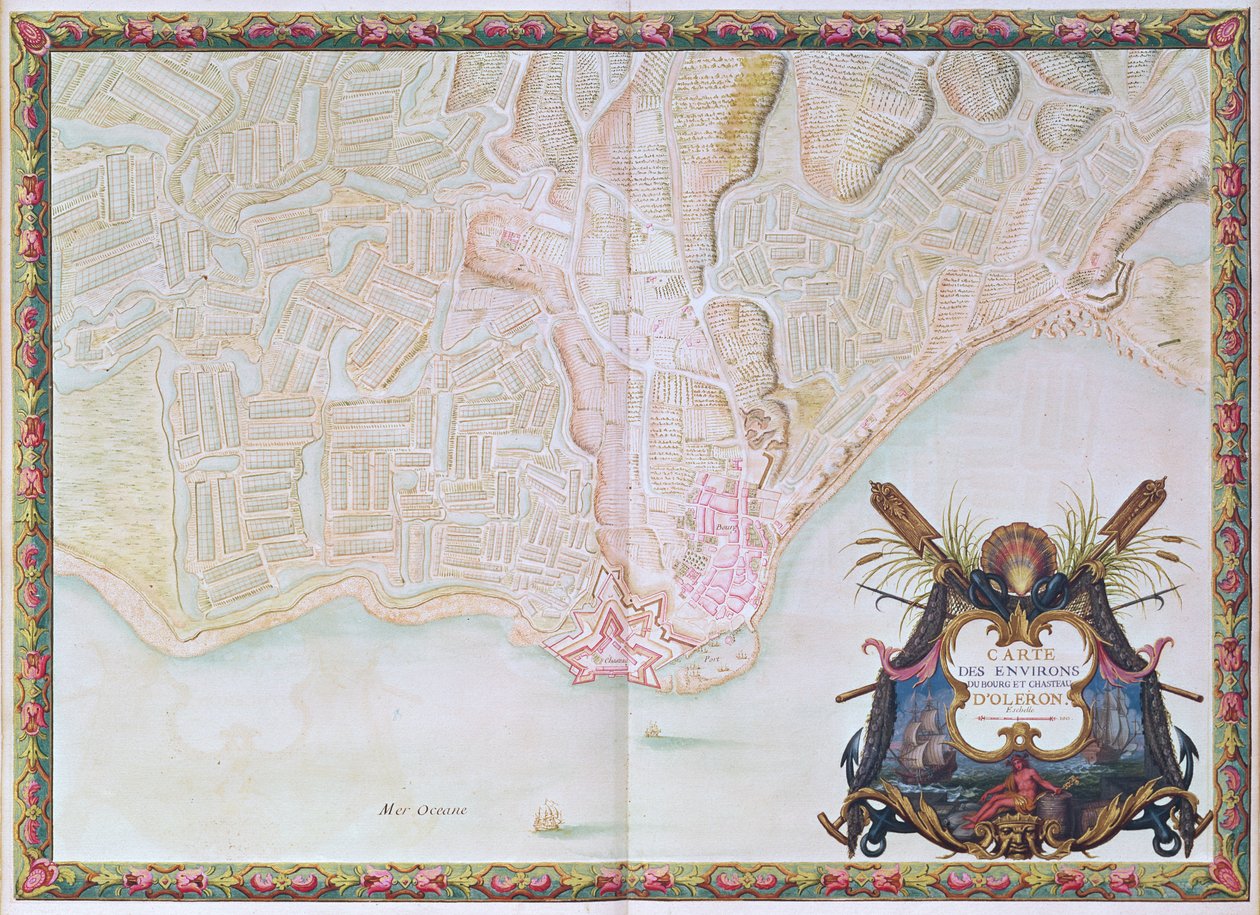 Ms. 988 T. III fol. 42 Mapa dos arredores da cidade e castelo de Oléron, do Atlas de Luís XIV (caneta, tinta e guache sobre papel) de Sebastien Le Prestre de Vauban