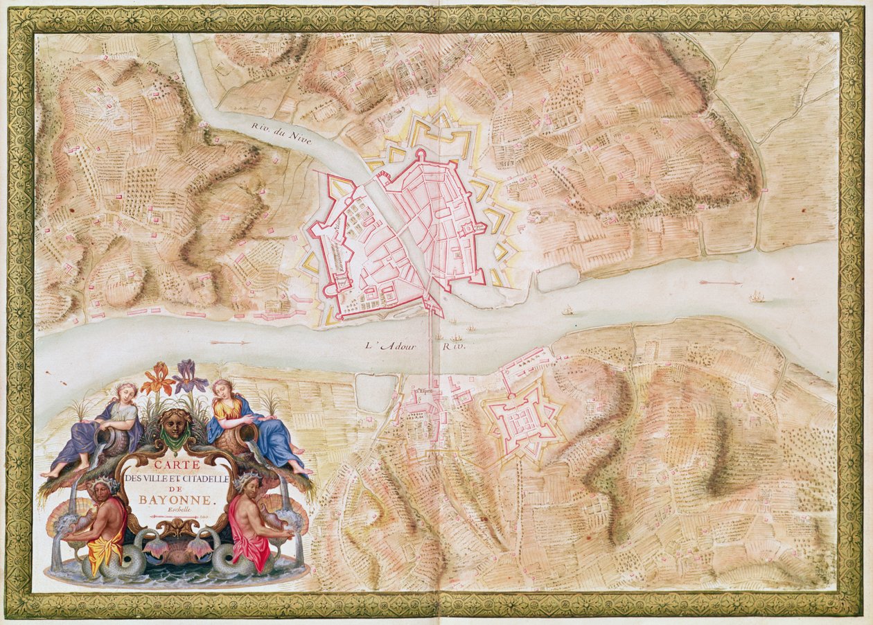 988 tom 3 fol.45 Plano e mapa da cidade e cidadela de Bayonne, do &39;Atlas Louis XIV&39;, 1683-88 de Sebastien Le Prestre de Vauban