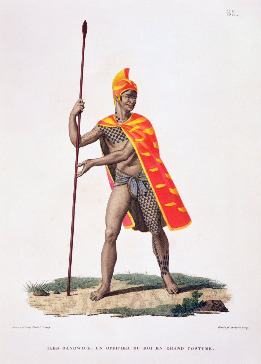 Ilhas Sandwich: Um Gabinete do Rei em Traje do Estado, de &39;Voyage autour du Monde (1817-20)&39;, de Louis Claude Desaulses de Freycinet (1779-1842) gravado por Lerouge e Forget, publicado em 1822-24 de Sebastien Leroy