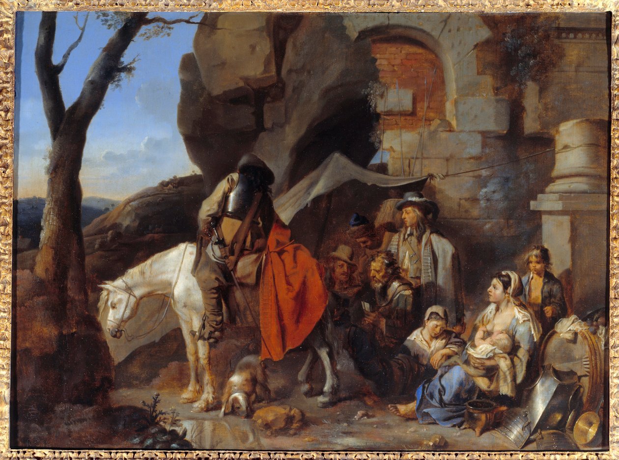 Parada dos soldados, anteriormente chamados Halte de bohemiens Pintura por Sebastien Bourdon (1616-1671) Sol do século XVII. 0,43x0,58 m de Sébastien Bourdon