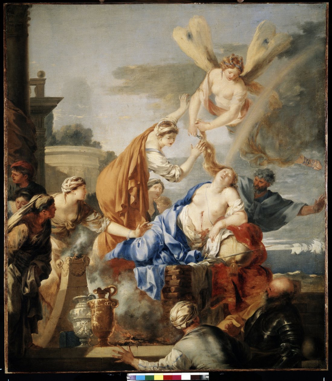 A Morte de Dido" Dido, a Rainha de Cartago, incapaz de suportar o abandono de Enéas, prefere matar-se numa estaca com a espada de Enéas. A deusa Íris corta o cabelo de Dido com uma tesoura, simbolizando a transição da vida para a morte. de Sébastien Bourdon