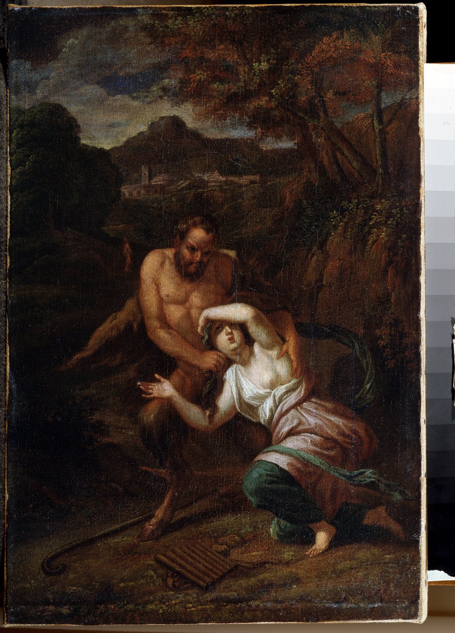 ""Pan et la nymphe Syrinx"" (Pan e Ninfa Syrinx) Pintura de Sebastien Bourdon (1616-1671) Século XVII Museu ao Ar Livre Palácio Gatchina, São Petersburgo de Sébastien Bourdon