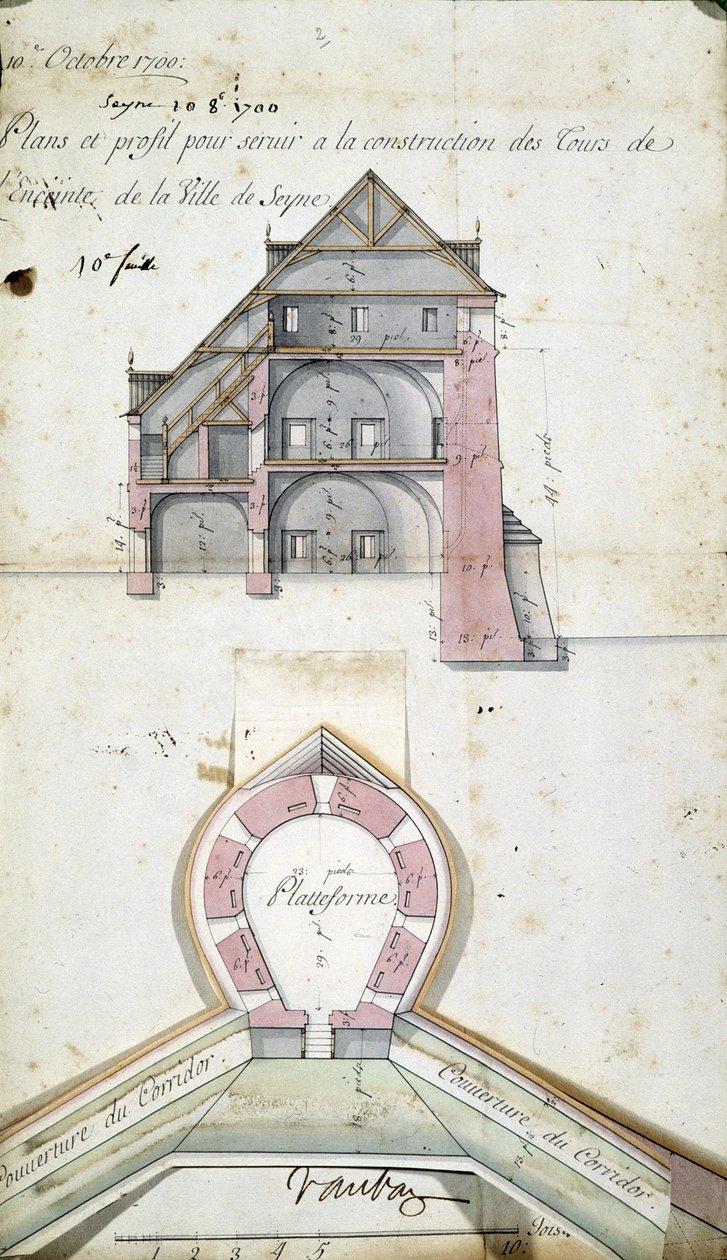 Plano e corte das torres da cidade de Seyne, por Vauban, 10 de outubro de Sebastien Le Prestre de Vauban