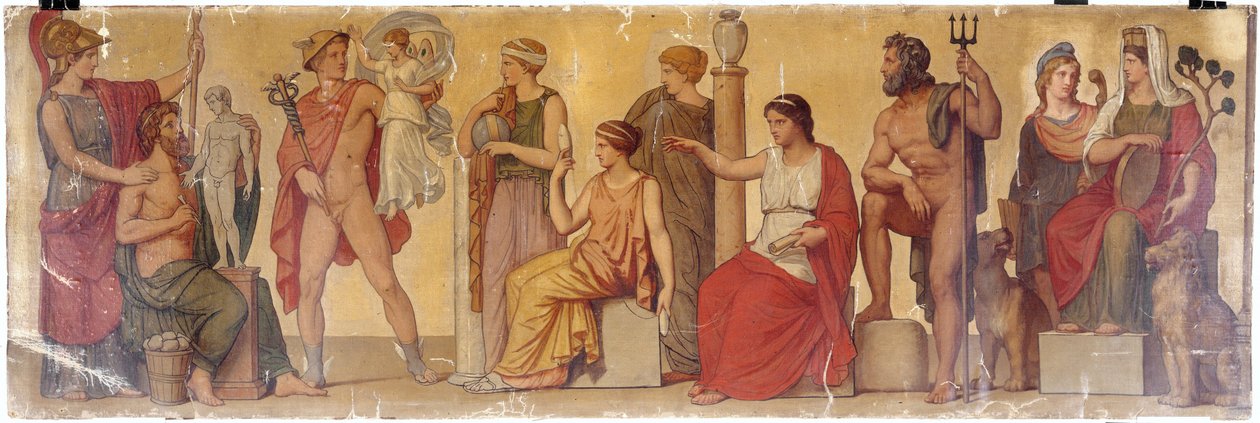 "Prometeu Modelando o Primeiro Homem", composição do átrio da casa pompeiana do Príncipe Napoleão, cerca de 1860 (óleo sobre tela sobre madeira) de Sebastien Melchior Cornu