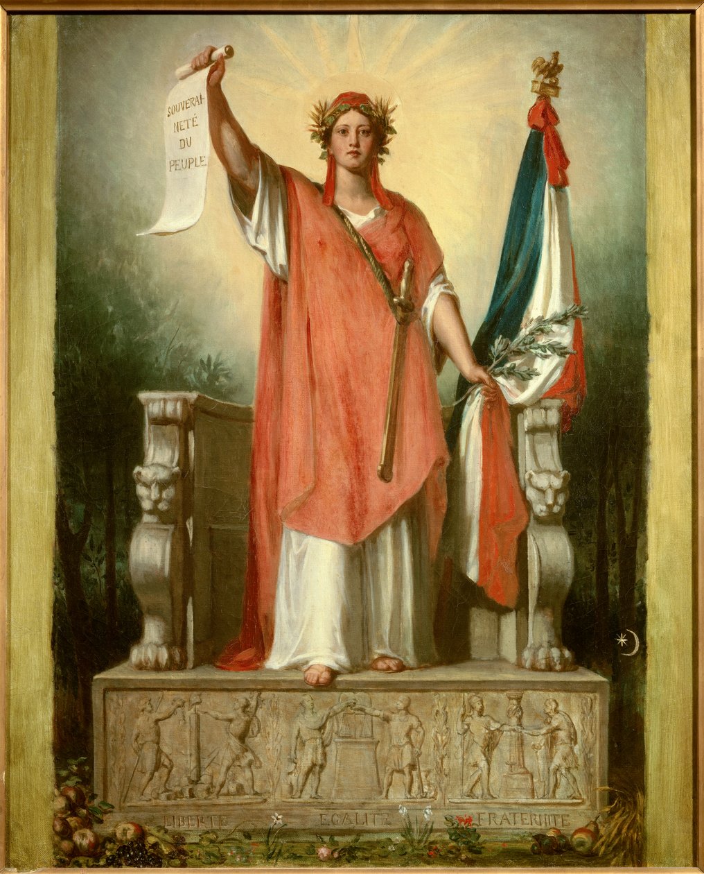 A república. Personificação da República (Marianne) com um pergaminho em que está escrito "soberania do povo" e a bandeira tricolor. Pintura de Sebastien Cornu (1804-1870) de Sebastien Melchior Cornu