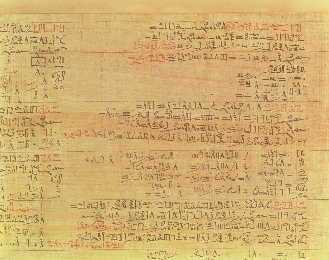Detalhe do Papiro Matemático Rhind, Período Hicsos, 15ª Dinastia, c.1550 aC papiro ver também 9712 de Second Intermediate Period Egyptian