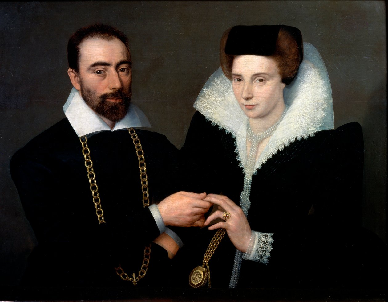 Retrato de um Casal Ambos estão usando preto, a mulher usa um colarinho de guipura. Pintura da escola de Fontainebleau de Second School of Fontainebleau