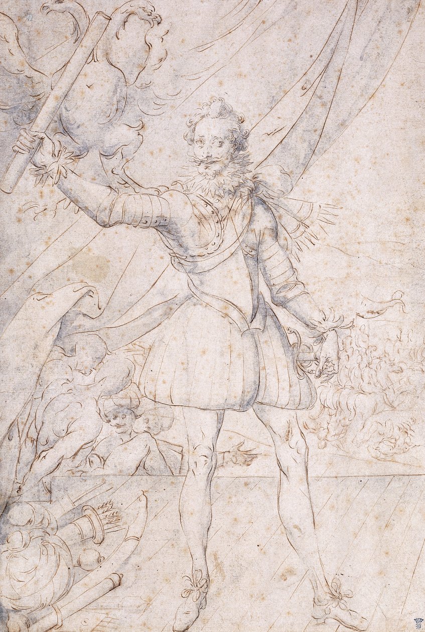 Rei Henrique IV, de corpo inteiro, um troféu dos braços otomanos aos pés, levantando um pergaminho na frente de uma águia (giz preto, caneta e tinta marrom com tinta azul) de Second School of Fountainebleau