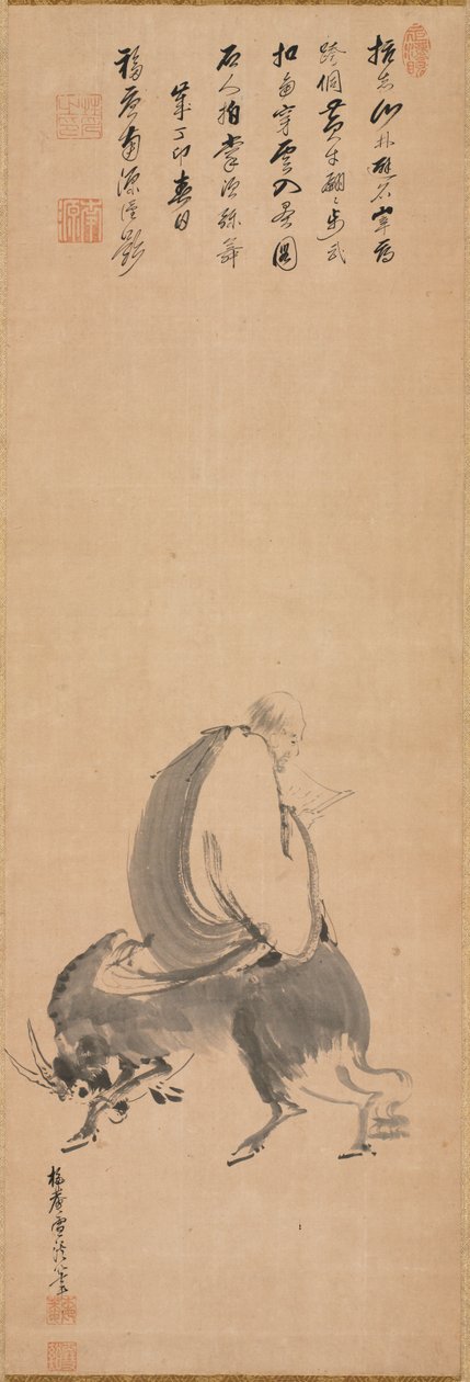 Homem andando para trás em um búfalo de água, 1687. de Sekkei Yamaguchi