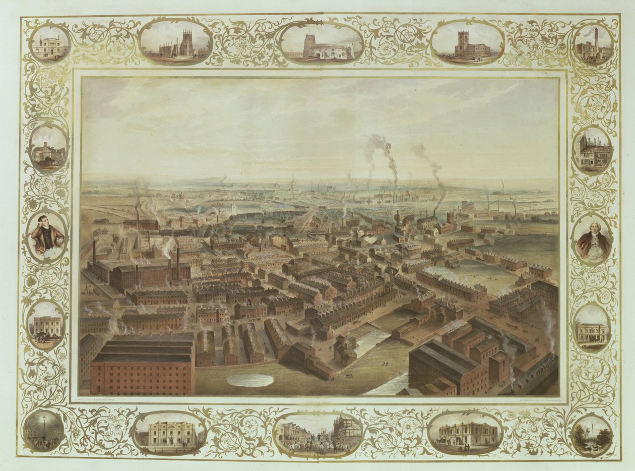 Bolton da chaminé de Blinkhorn com vinhetas de edifícios locais, 1848 de Selim Rothwell