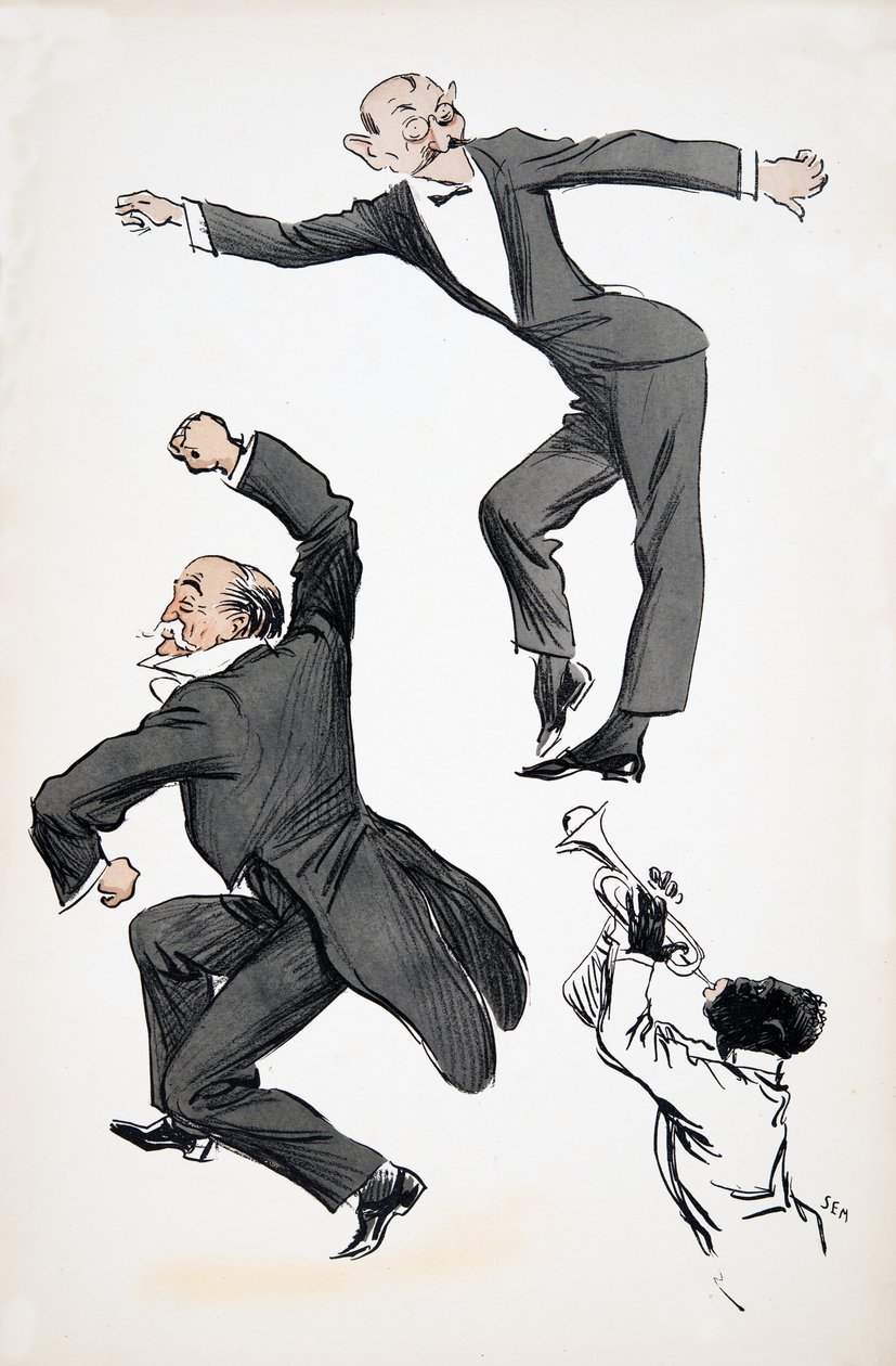 O cavalheiro idoso nas caudas e o cavalheiro mais novo na dança do traje de cerimónia a um músico que joga a trombeta, de White Bottoms, bar. 1927 (impressão de bloco de cor) de Sem