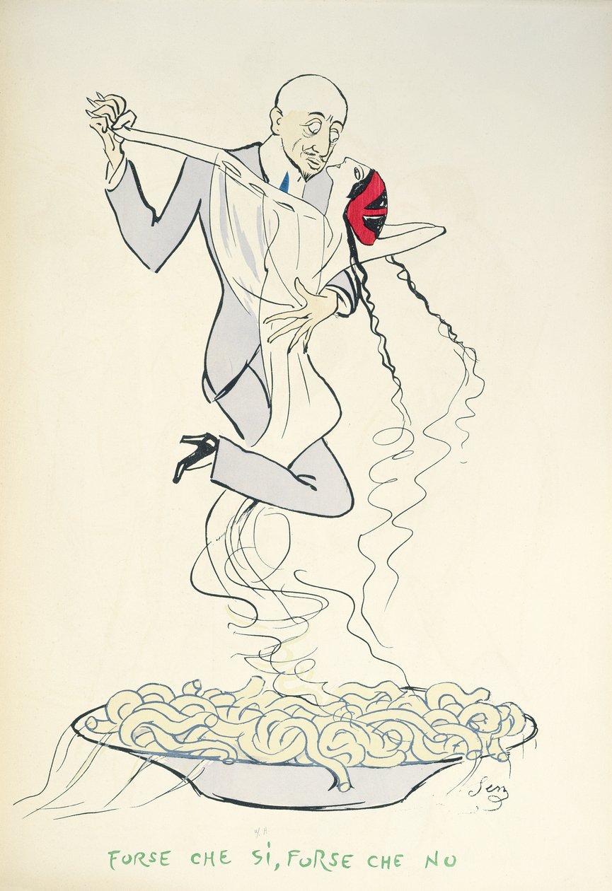 Gabriele d&39;Annunzio (1863-1938) dançando com uma mulher acima de um prato de maccheroni de Sem