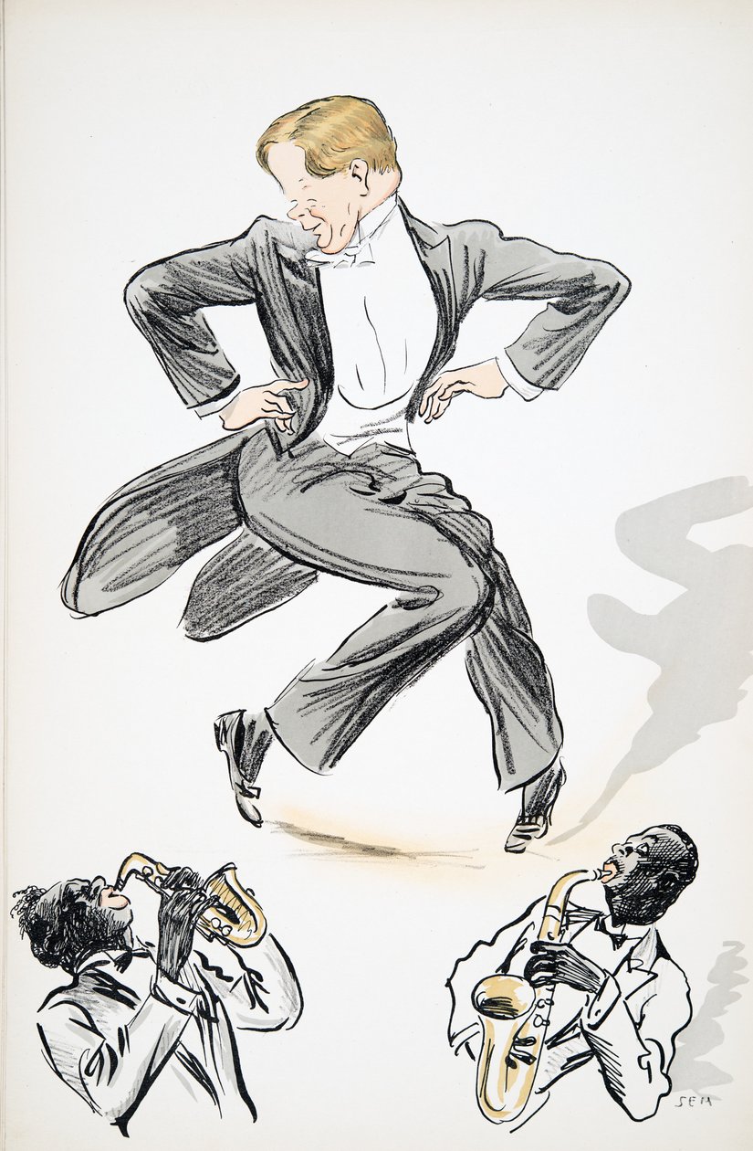 Cavalheiro de caudas e gravata branca dança para dois músicos tocando saxofone, de White Bottoms, pub. 1927 (impressão de bloco de cor) de Sem