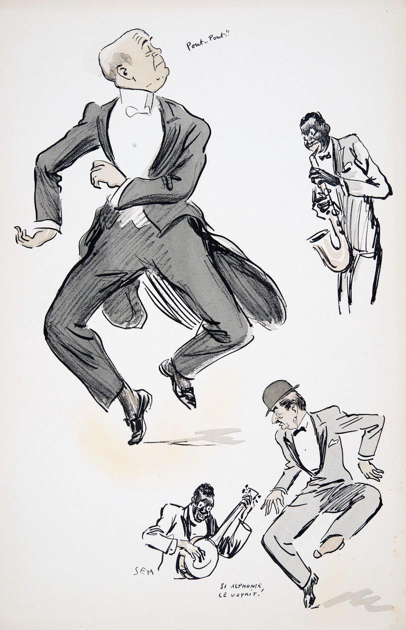 O cavalheiro no laço branco e o cavalheiro no chapéu de jogador tentam dançar ao jazz, como executado por dois músicos que jogam o saxofone e o banjo, de White Bottoms, bar. 1927 (impressão de bloco de cor) de Sem