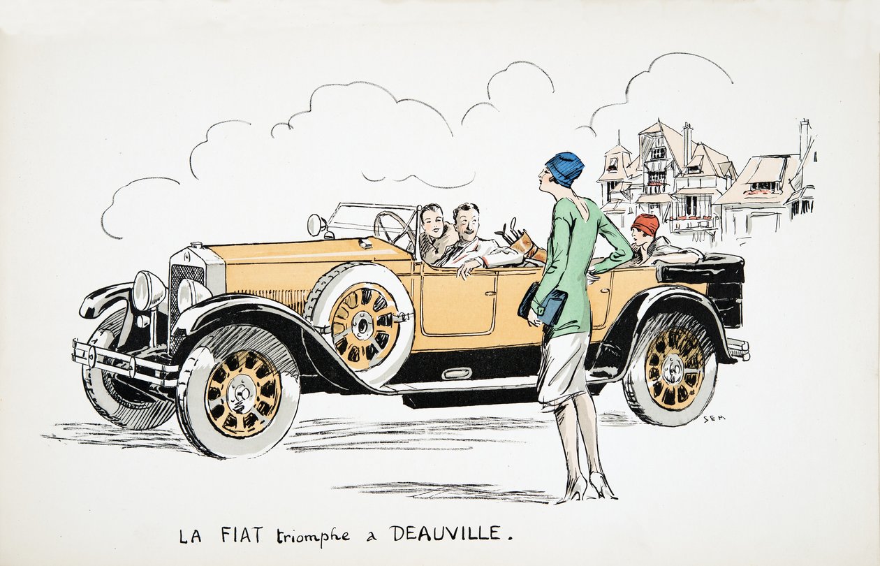 La Fiat triomphe um Deauville, de White Bottoms, pub. 1927 (impressão de bloco de cor) de Sem