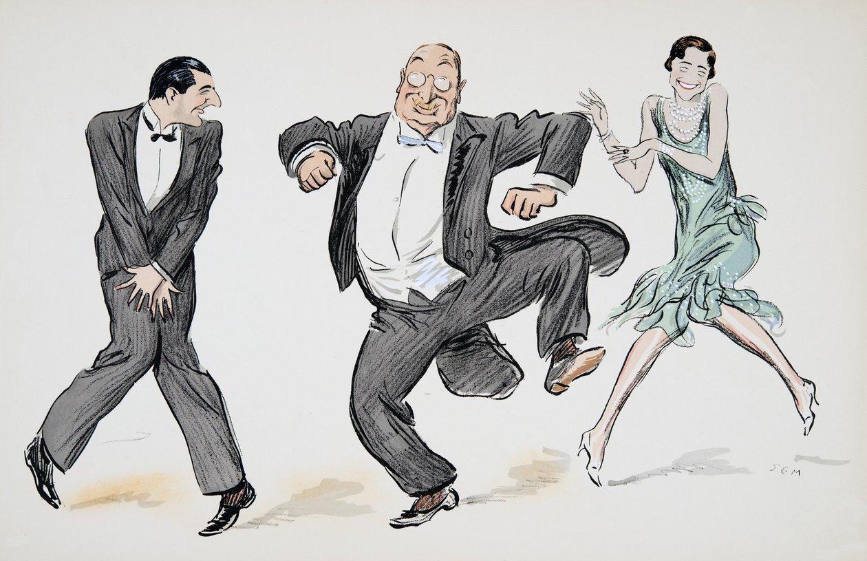 Um cavalheiro de gravata preta, mais um cavalheiro de gravata e fraque brancos, e uma mulher com um vestido verde claro e pérolas dançam o Charleston, de White Bottoms, pub. 1927 (impressão de bloco de cor) de Sem