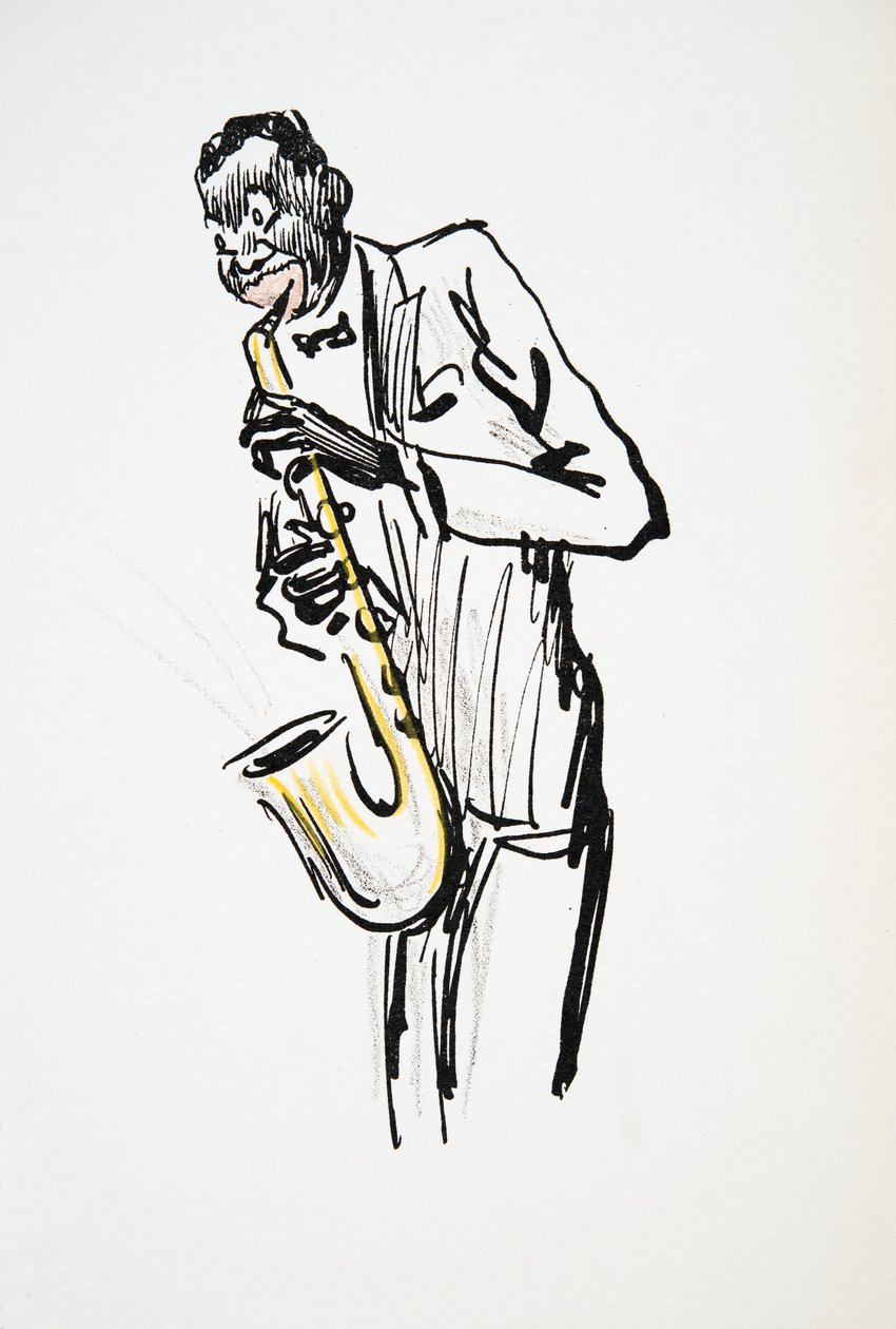 Jogador de saxofone, de White Bottoms, pub. 1927 (impressão de bloco de cor) de Sem